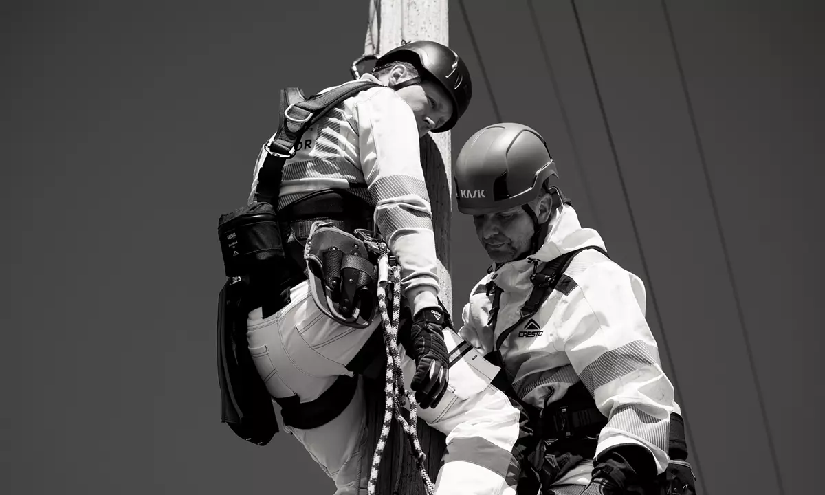 A height worker evacuating his injured friend from a pole