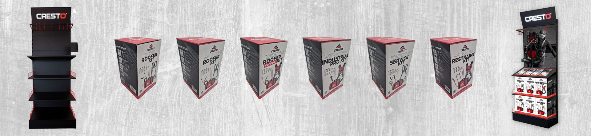 CRESTO store concept and kit boxes on grey background